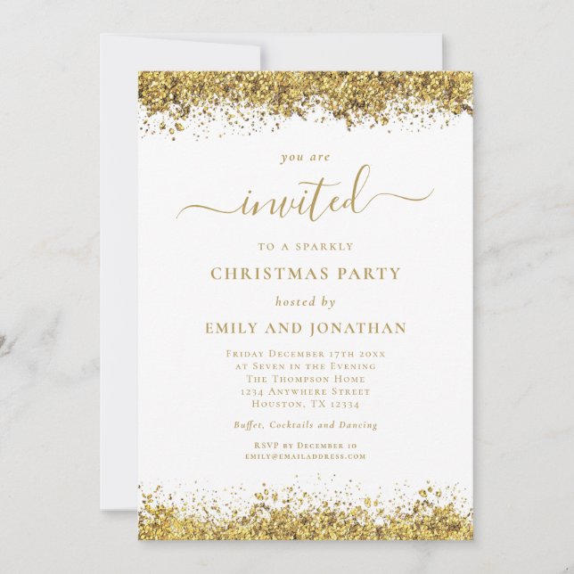 Invitation Elegant Gold Glitter Script Christmas Party (Devant)