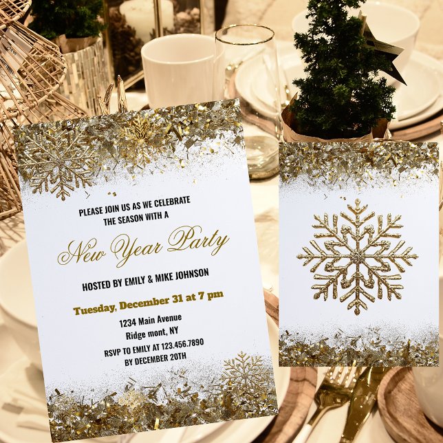 Invitation Elegant Gold Glitter Snowflake New Year Party (Créateur téléchargé)