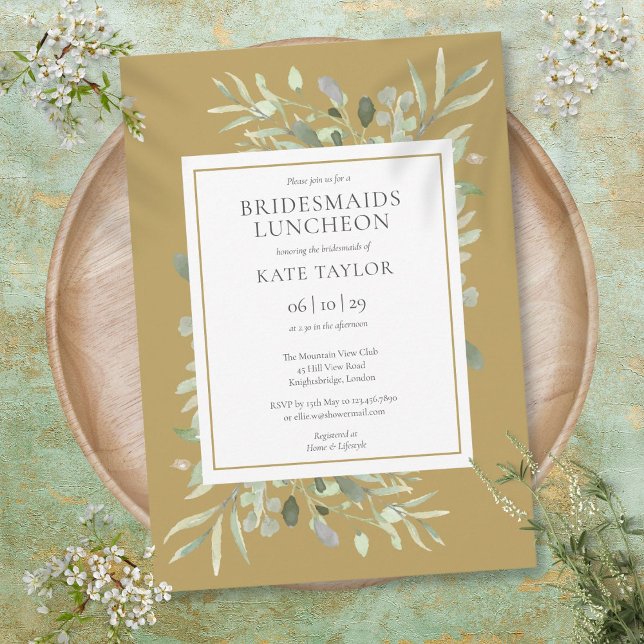 Invitation Élégant Gold Green Foliage Bridesmaids Déjeuner (Elegant Gold Greenery Foliage Bridesmaids Luncheon Invitation)