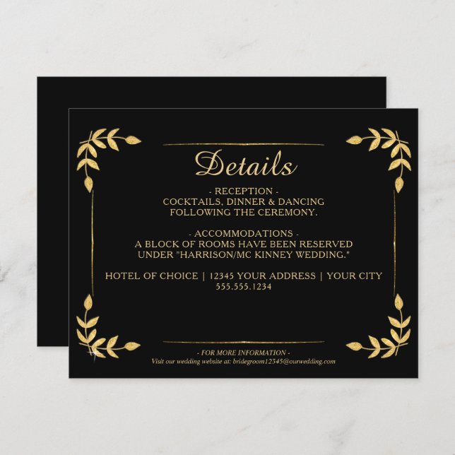 Invitation Elegant Gold Greenery Black Détails sur le Mariage (Devant / Derrière)