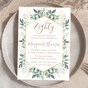 Invitation Elégant Gold Greenery Feuilles 80e Quatre-vingts A