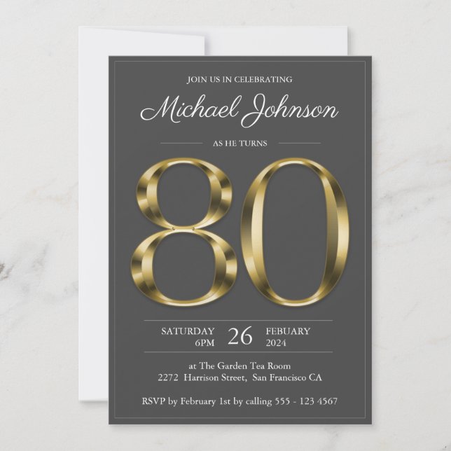 Invitation Elégant Gold Grey 80e fête d'anniversaire (Devant)