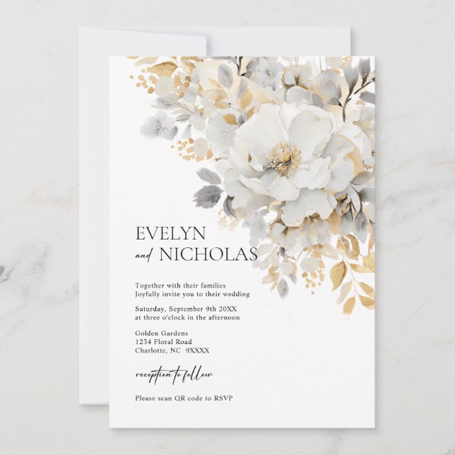 Invitation Elégant Gold Grey Gold Floral Wash code QR (Devant)
