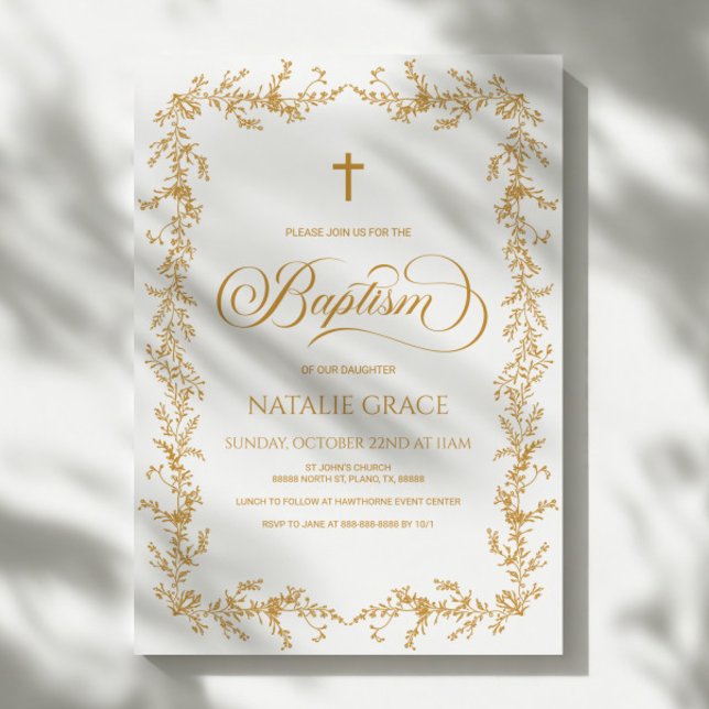 Invitation Elegant Gold Hand Drawn Floral Frame Baptism (Créateur téléchargé)