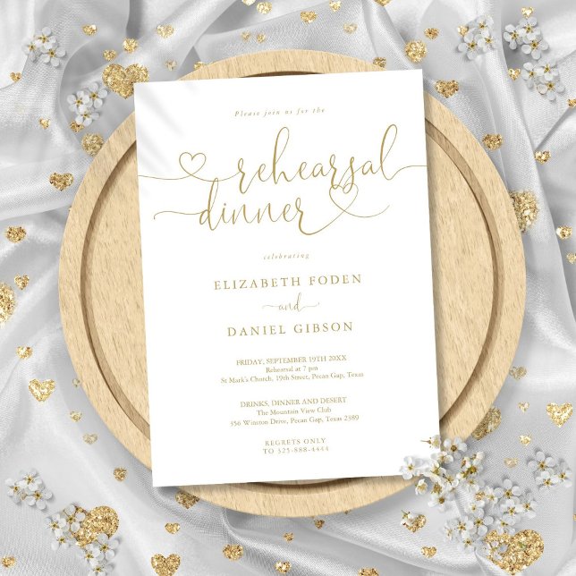 Invitation Élégant Gold Heart Script Dîner de répétition (Elegant Gold Heart Script Rehearsal Dinner Invitation)