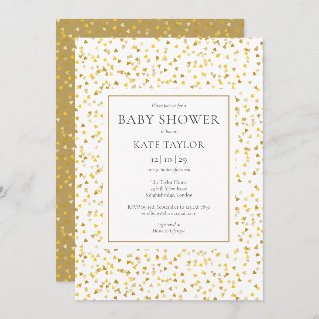 Invitation Elégant Gold Hearts Baby shower Confetti (Devant / Derrière)