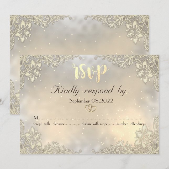 Invitation Elegant Gold Hearts Lace Mariage  RSVP  (Devant / Derrière)