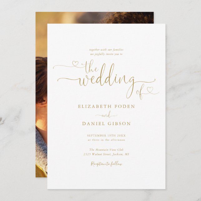 Invitation Elegant Gold Hearts Script Mariage photo (Devant / Derrière)