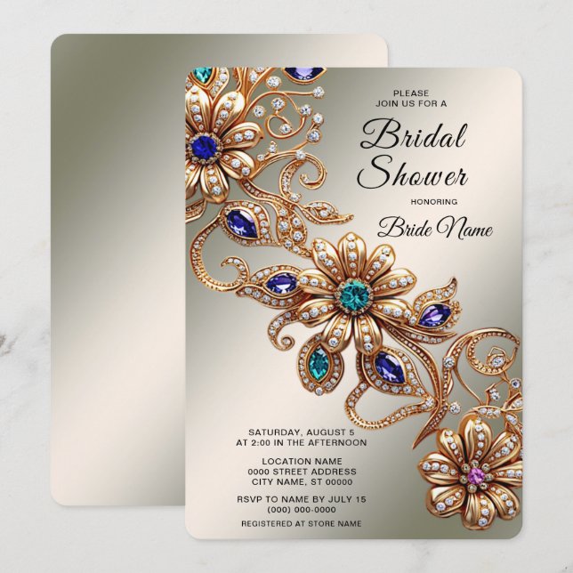 Invitation Elegant Gold Jewel Flowers Bridal Shower (Devant / Derrière)