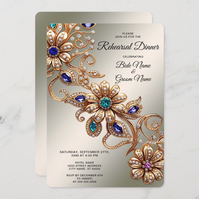 Invitation Elegant Gold Jewel Flowers Rehearsal Dinner (Devant / Derrière)