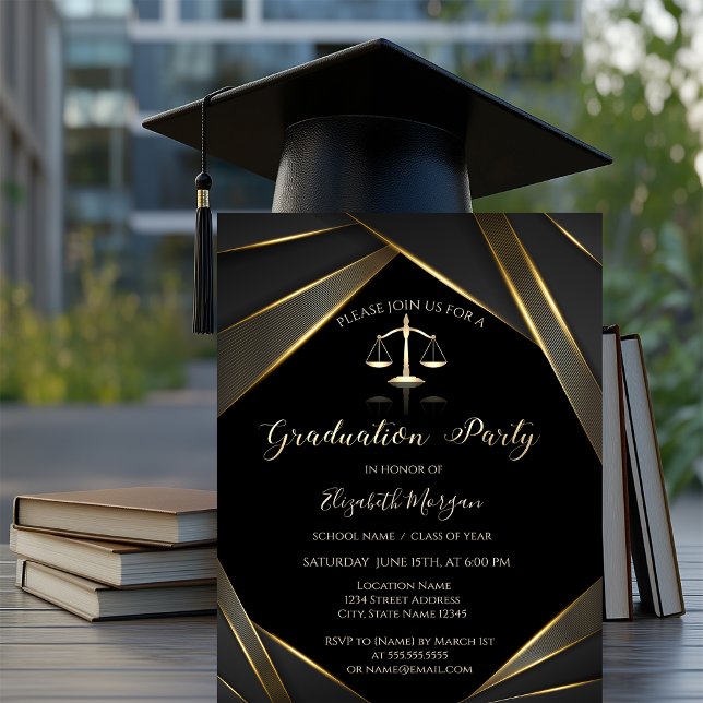 Invitation Elégant Gold Justice Scale Black Graduation (Créateur téléchargé)