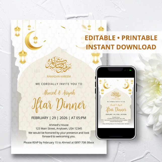 Invitation Elegant Gold Lantern and Crescent Moon Iftar (Créateur téléchargé)