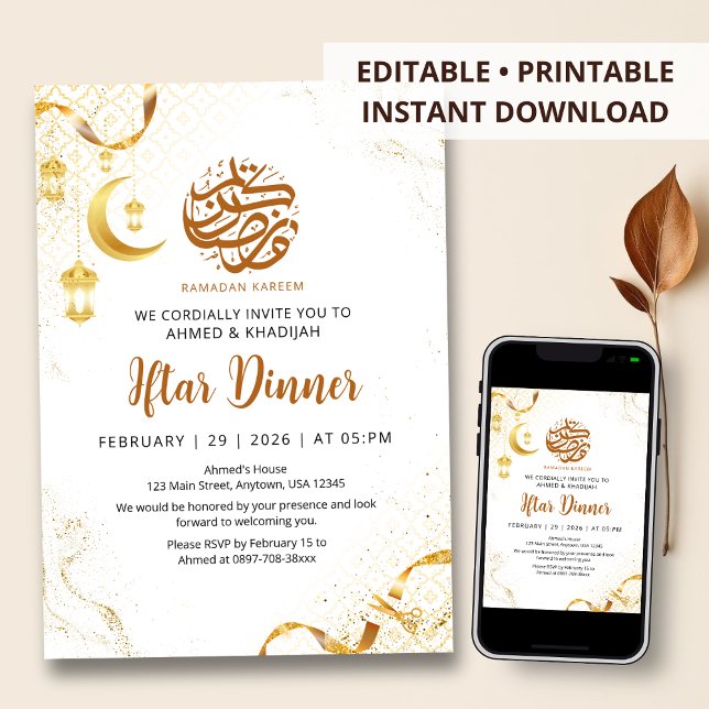 Invitation Elegant Gold Lantern & Ribbon Ramadan Iftar Dinner (Créateur téléchargé)