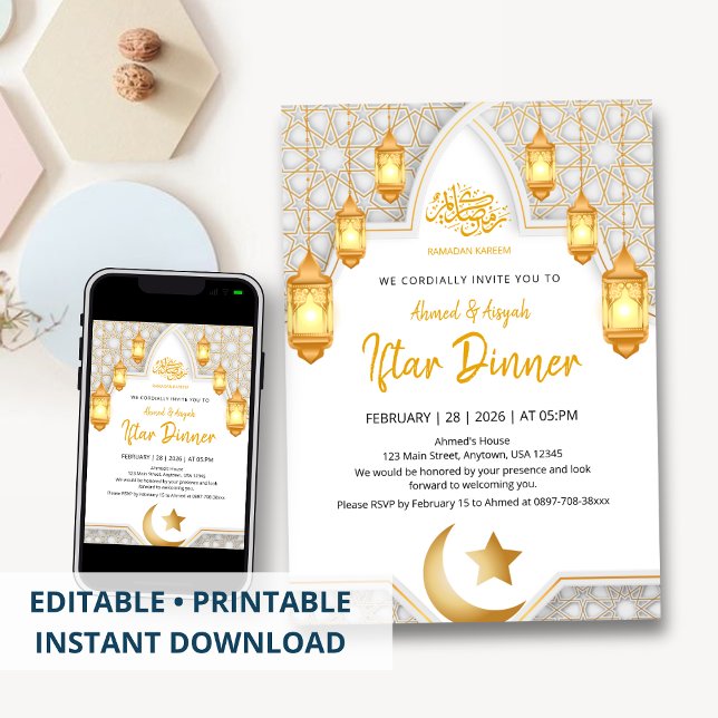 Invitation Elegant Gold Lantern & White Geometric Arch Iftar  (Créateur téléchargé)