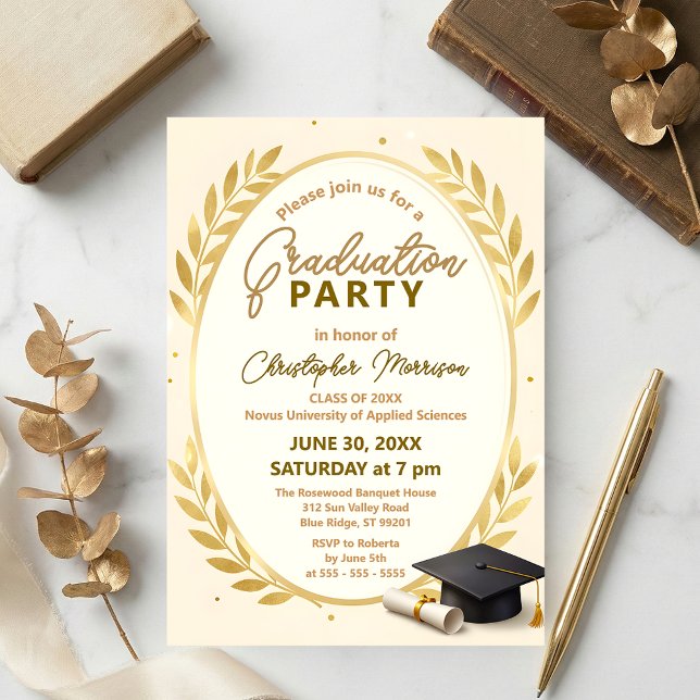 Invitation Elegant Gold Laurel Wreath & Cap Graduation Party (Créateur téléchargé)