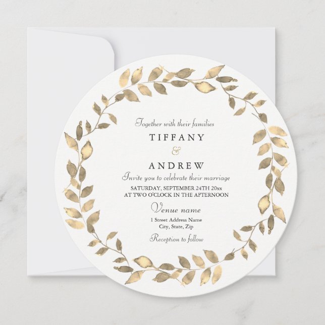 Invitation Elégant Gold Leave Wreath Modern Wedding Invitatio (Devant)