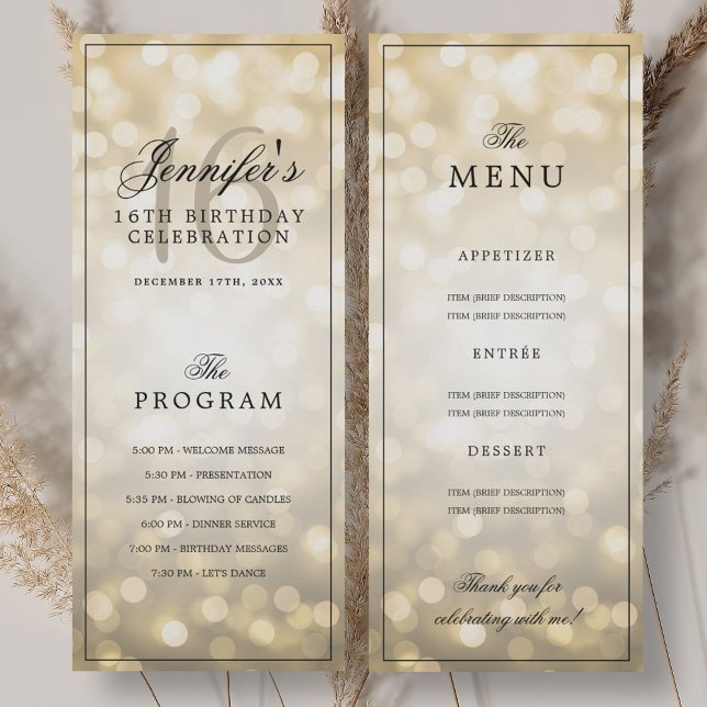 Invitation Elegant Gold Lights 16th Birthday Program Menu  (Elegant Gold Lights 16th Birthday Program Menu )