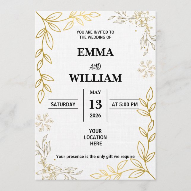 Invitation Elegant Gold Line Art Floral Frame (Devant)