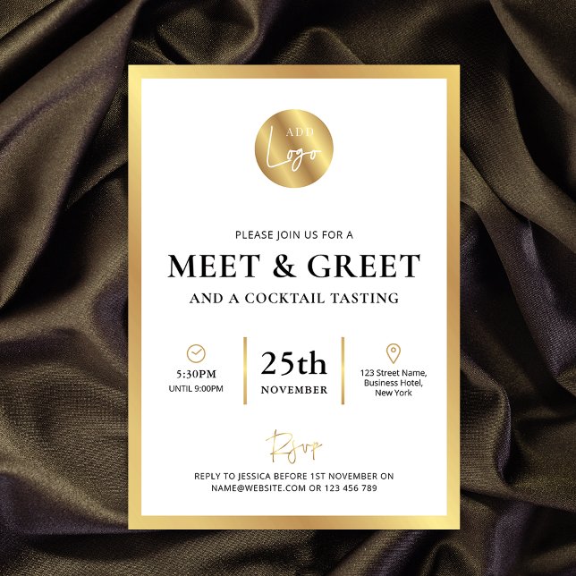 Invitation Elegant Gold Logo Networking Meet & Greet Event (White and gold business meet & greet event invitation with fully editable text & space for your logo)