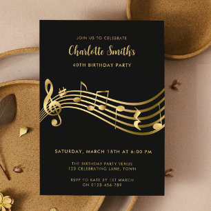 Invitation Elegant Gold Music Notes 40th Birthday Black