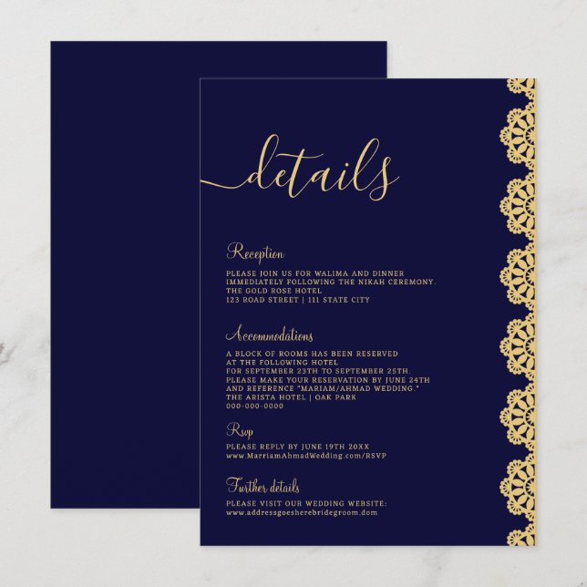 Invitation Elegant Gold Navy bleu Ornamental islamique Détail (Devant / Derrière)