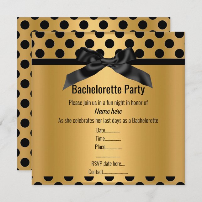 INVITATION ÉLÉGANT GOLD NOIR SPOT BACHELORETTE PARTY (Devant / Derrière)
