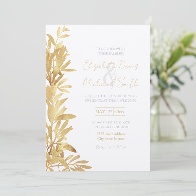 Invitation Élégant Gold Olive branche Motif blanc (Debout devant)