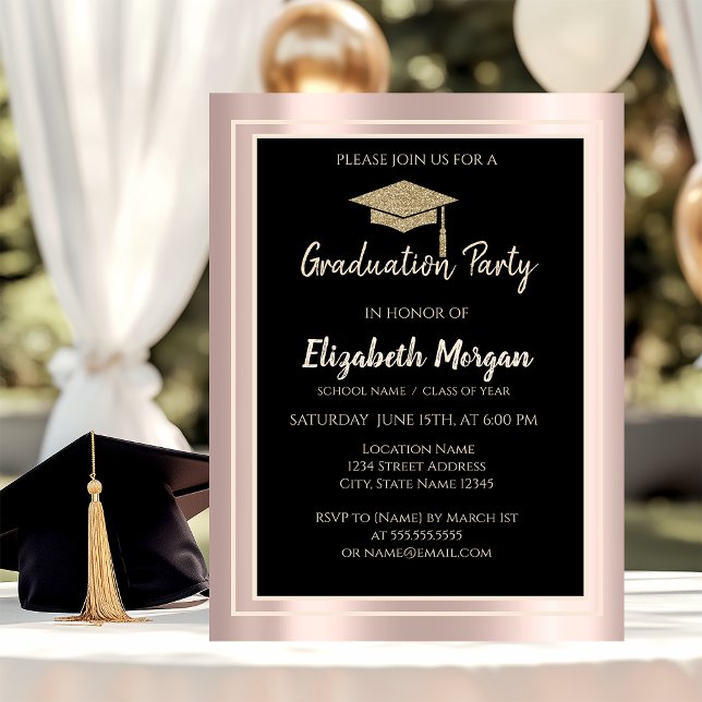 Invitation Elégant Gold Parties scintillant Graduation Cap Ro (Créateur téléchargé)