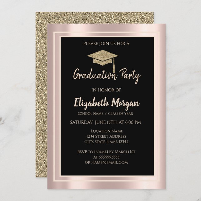 Invitation Elégant Gold Parties scintillant Graduation Cap Ro (Devant / Derrière)
