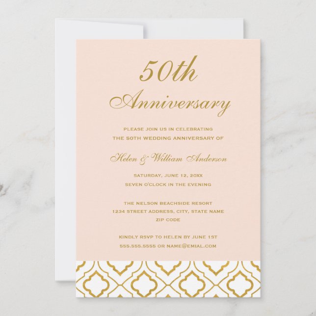 Invitation Elégant Gold & Peach 50e anniversaire Mariage (Devant)