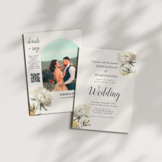Invitation Elegant Gold Peony Photo QR Code Mariage