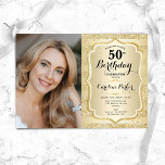 Invitation Elégant Gold Photo 50e anniversaire<br><div class="desc">Elégante invitation féminine 50ème anniversaire avec votre photo. Design de glam avec de l'or de parties scintillant imitation. Comprend des bandes, des caractères de script et des confettis. Parfait pour une fête anniversaire adulte élégante. Personnalisez avec vos propres détails. Peut être customisé pour n'importe quel âge ! Invitations Zazzle imprimées...</div>