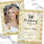 Invitation Elégant Gold Photo 50e anniversaire<br><div class="desc">Elégante invitation à 50e anniversaire fleurie avec votre photo au verso de la carte. Design de glam avec de l'or de parties scintillant imitation. Comprend des rayures d'or, des roses blanches, des caractères de script et des confettis. Parfait pour une fête anniversaire adulte élégante. Personnalisez avec vos propres détails. Peut...</div>