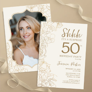 Invitation Elégant Gold Photo Surprise 50e anniversaire