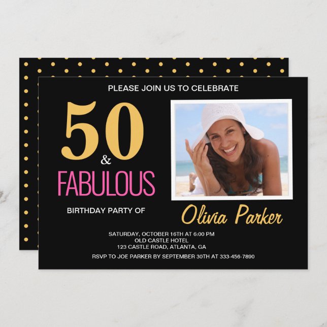 Invitation Elégant Gold Pink 50e anniversaire de fête Invitat (Devant / Derrière)