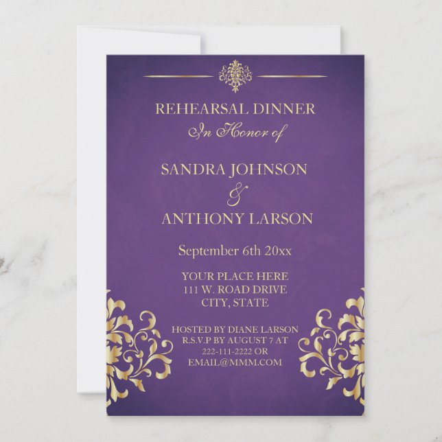 Invitation Elegant Gold & Purple Mariage damassé (Devant)