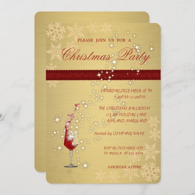 Invitation Elégant Gold Red Glass, Fête de Noël d'entreprise (Devant / Derrière)