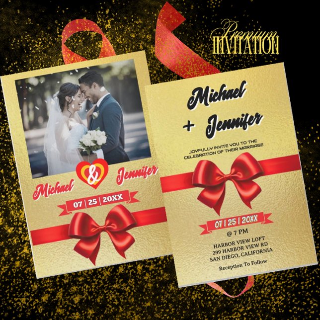 Invitation Elegant Gold & Red Ribbon Mariage photo personnali (Créateur téléchargé)