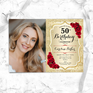 Invitation Elégant Gold Red Roses Photo 50e anniversaire