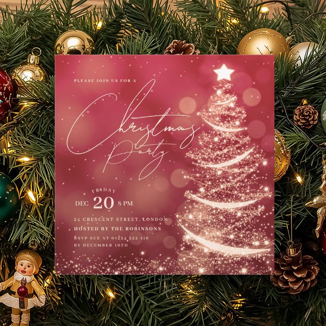 Invitation ELEGANT Gold Red Winter Christmas Tree Party  (ELEGANT Gold Red Winter Christmas Tree Party Invitation)