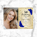 Invitation Elégant Gold Royal Blue Roses Photo 50e anniversai<br><div class="desc">Elégante invitation au 50e anniversaire fleurie féminine avec votre photo. Design de glam avec de l'or de parties scintillant imitation. Comprend des rayures, des roses bleus royaux, des caractères de script et des confettis. Parfait pour une fête anniversaire adulte élégante. Personnalisez avec vos propres détails. Peut être customisé pour n'importe...</div>