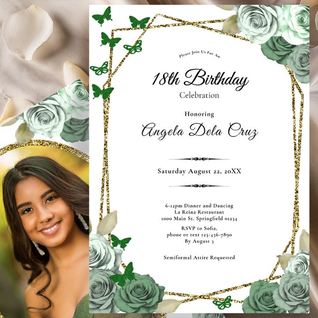 Invitation Elegant Gold Sage Green Rose 18th Birthday Debut  (Créateur téléchargé)
