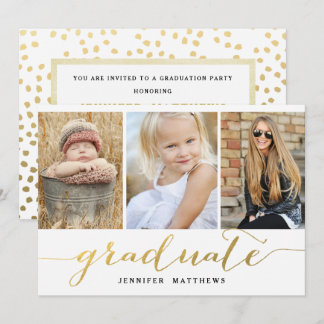 Invitation Élégant Gold Script 3 Photo Graduation Party