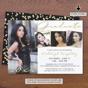 Invitation Élégant Gold Script 4 Photo Gradué noir blanc