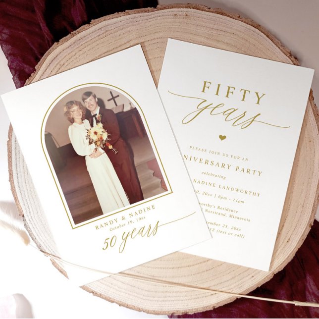 Invitation Elegant Gold Script 50th Wedding Anniversary Party (Elegant 50th wedding anniversary party invitations in modern minimalist calligraphy script.)