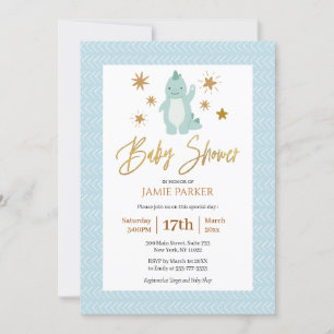 Invitation Élégant Gold Script Cute Blue Dinosaur Baby shower