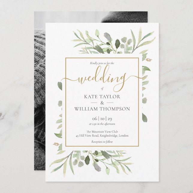 Invitation Elégant Gold Script Mariage photo Feuille (Devant / Derrière)