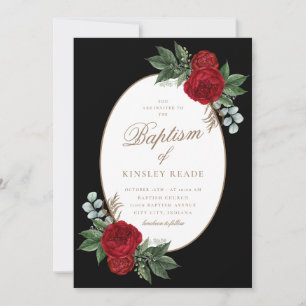 Invitation Élégant Gold Script Peonies rouges Baptême