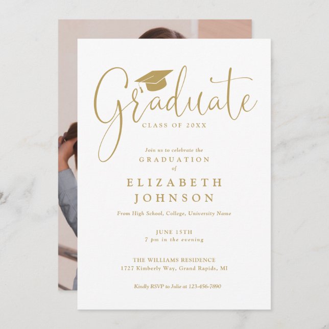Invitation Elégant Gold Script Photo Graduation Party (Devant / Derrière)