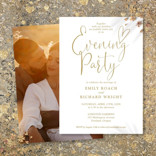 Invitation Elégant Gold Script Photo Mariage Soirée (Elegant Gold Script Photo Wedding Evening Party Invitation)